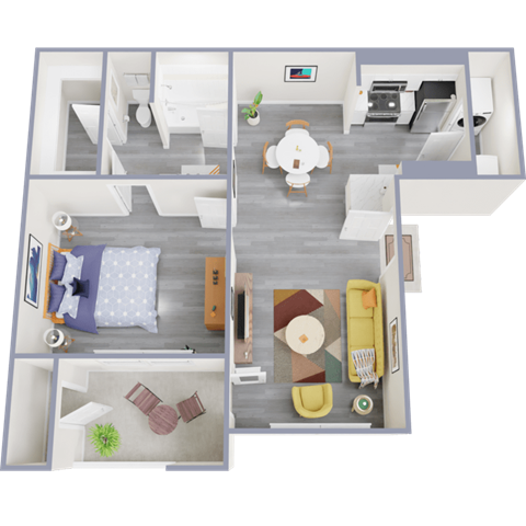 a 3d rendering of our 1 bedroom apartment at princeton court apartments in dallas